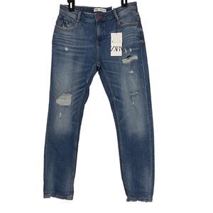 NWT Zara Distressed Relaxed Cropped Blue Jeans size US 6